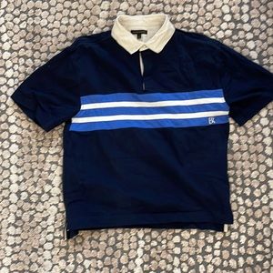 Banana Republic navy polo with blue/white horizontal stripes